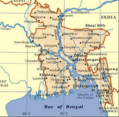 Bangladesh map. Blue arrow is Chittagong