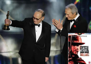 在奥斯卡颁奖会上,昔日镖客三部曲的主角(图右下角),美国人克林特・伊斯特伍德（Clint Eastwood）今日为莫里康内颁奖并作翻译