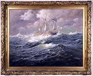 "五月花号在海上"/"The Mayflower at Sea". By Gilbert Margeson (1852-1940).
