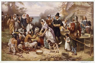 来自英国的清教徒为了感谢印第安人在困难中对他们的支持和上帝对他们的“恩赐”,是年(1620)11月第四个星期四，他们将猎获的火鸡制成美味佳肴，盛情款待印第安人.1941年，美国国会正式将每其定为“感恩节”。