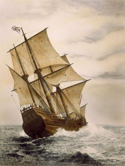 "五月花的航程/The Voyage of the Mayflower", steel-plate engraving based on the painting by John Marshall the Elder, later coloratio