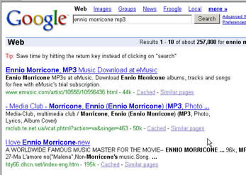 在GOOGLE或"百度"中输入"morricone" 或者"莫里康",在其个上百万个搜索结果中,都可以在前三名中看到本站的身影美国访客搜索ennio morricone mp3 --第三位