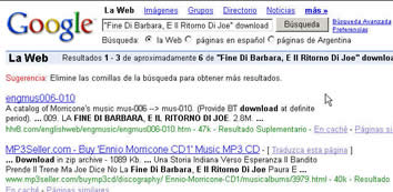 在GOOGLE或"百度"中输入"morricone" 或者"莫里康",在其个上百万个搜索结果中,都可以在前三名中看到本站的身影巴西访客搜索"Fine Di Barbara, E Il Ritorno Di Joe download"--第一位