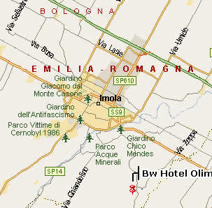 笔者这次所住的BW Olimpia Hotel,在伊莫拉的东南郊(黑色粗体字所示).距离赛车场确实不远