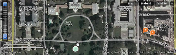 A detailed figure of the white house. The place pointed by a hand just is the courtyard's fence of the White house and the Pennsylvania avenue