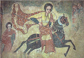 Ethiopian fresco of the Queen of Sheba on her way to Jerusalem, shown riding with sword under her saddle and a lance in her hand